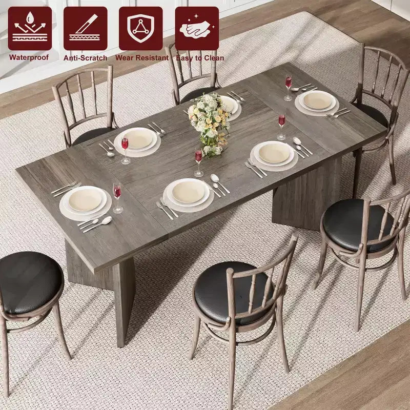Table à manger rectangulaire de 71 pouces pour 6 personnes, grande table de cuisine haute au style rustique de maison de campagne, avec grand plateau et longs pieds en bois robustes