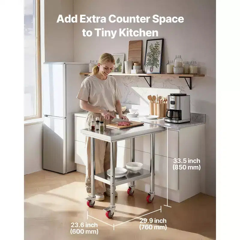 Table en acier inoxydable, plan de travail de préparation des aliments de 24 x 30 pouces avec roulettes, table de préparation pour cuisine avec étagère inférieure réglable, argentée