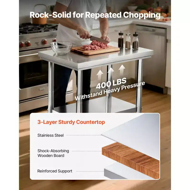 Table en acier inoxydable, plan de travail de préparation des aliments de 24 x 30 pouces avec roulettes, table de préparation pour cuisine avec étagère inférieure réglable, argentée