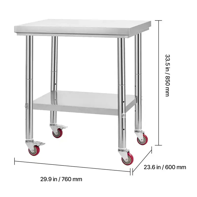 Table en acier inoxydable, plan de travail de préparation des aliments de 24 x 30 pouces avec roulettes, table de préparation pour cuisine avec étagère inférieure réglable, argentée