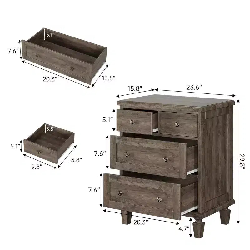 Commode à 4 tiroirs pour chambre, commode vintage avec poignées sculptées et pieds fuselés, meuble en bois à grande capacité de rangement