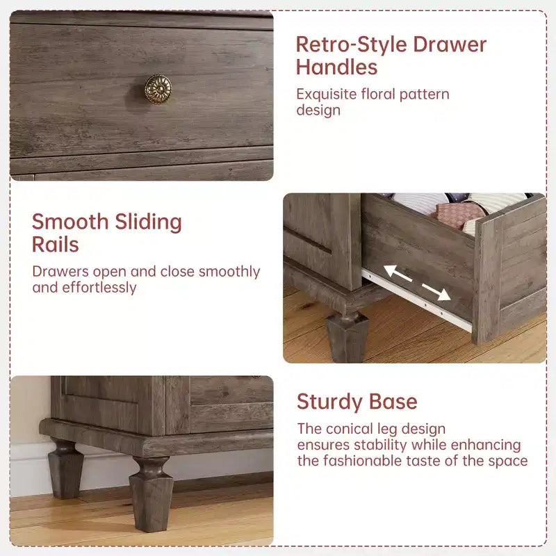 Commode à 4 tiroirs pour chambre, commode vintage avec poignées sculptées et pieds fuselés, meuble en bois à grande capacité de rangement