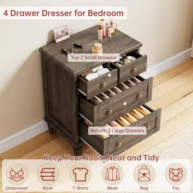 Commode à 4 tiroirs pour chambre, commode vintage avec poignées sculptées et pieds fuselés, meuble en bois à grande capacité de rangement