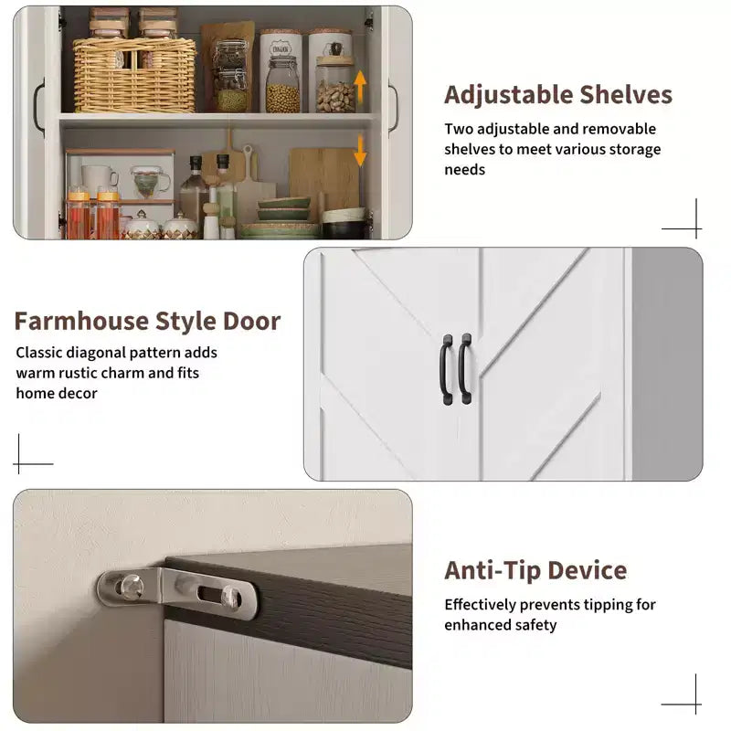 Meuble de rangement haut de 70 pour la cuisine avec étagère ouverte - Meuble de rangement campagnard à 4 portes avec étagères réglables pour la cuisine et la salle à manger