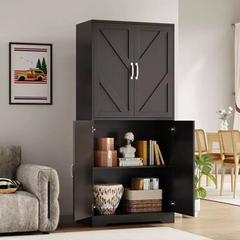 Meuble de rangement haut de 70 pour la cuisine avec étagère ouverte - Meuble de rangement campagnard à 4 portes avec étagères réglables pour la cuisine et la salle à manger