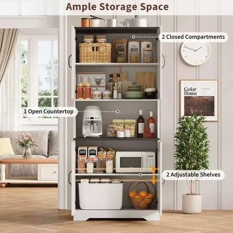 Meuble de rangement haut de 70 pour la cuisine avec étagère ouverte - Meuble de rangement campagnard à 4 portes avec étagères réglables pour la cuisine et la salle à manger