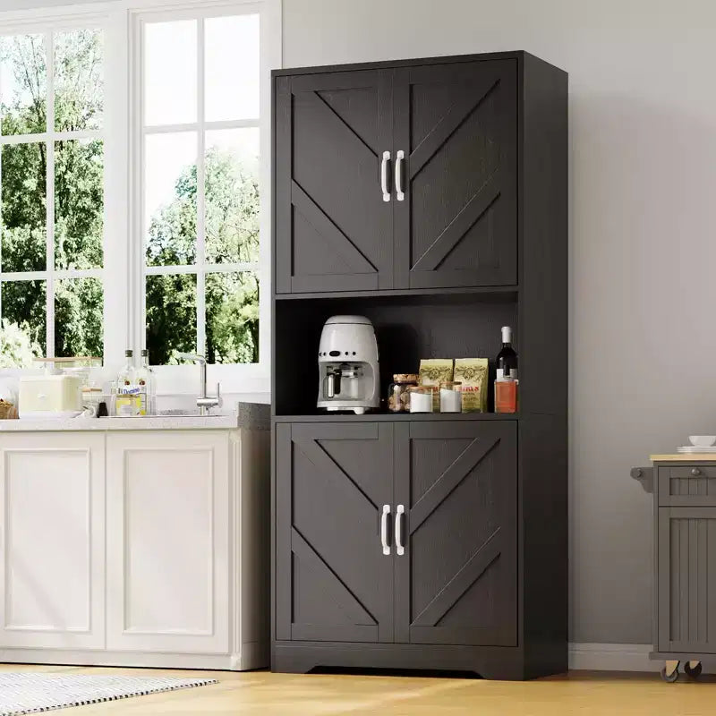 Küchenvorratsschrank, 70 hoch, mit offenem Regal - Aufbewahrungsschrank im Landhausstil mit 4 Türen und verstellbaren Einlegeböden für Küche und Esszimmer