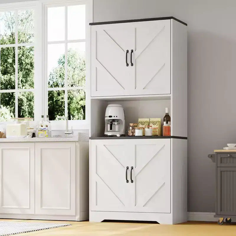 Küchenvorratsschrank, 70 hoch, mit offenem Regal - Aufbewahrungsschrank im Landhausstil mit 4 Türen und verstellbaren Einlegeböden für Küche und Esszimmer