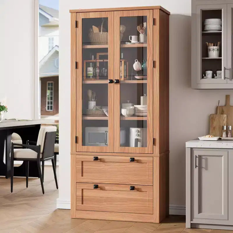 Meuble de rangement pour cuisine - Meuble de rangement moderne avec 2 grands tiroirs, des portes vitrées et des étagères réglables