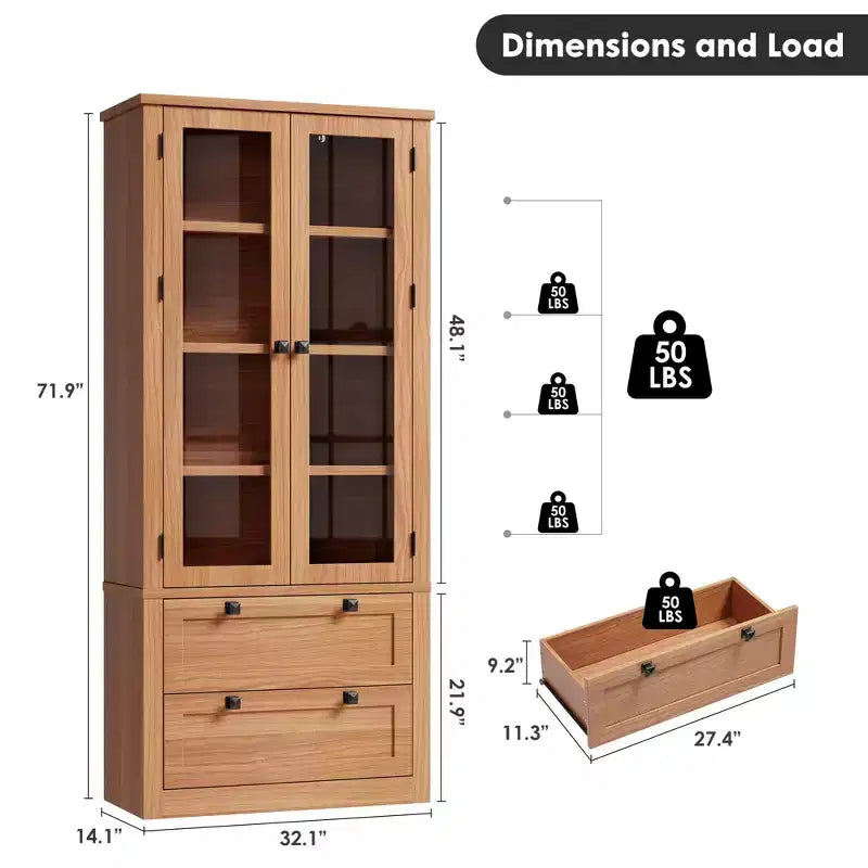 Meuble de rangement pour cuisine - Meuble de rangement moderne avec 2 grands tiroirs, des portes vitrées et des étagères réglables