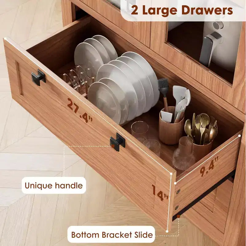Meuble de rangement pour cuisine - Meuble de rangement moderne avec 2 grands tiroirs, des portes vitrées et des étagères réglables