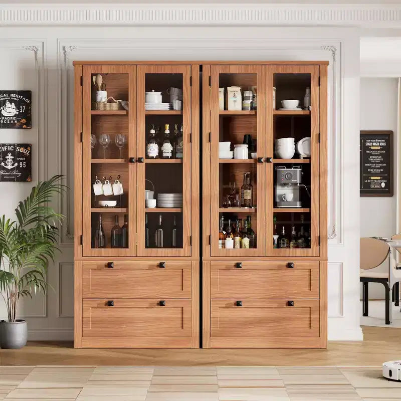Meuble de rangement pour cuisine - Meuble de rangement moderne avec 2 grands tiroirs, des portes vitrées et des étagères réglables