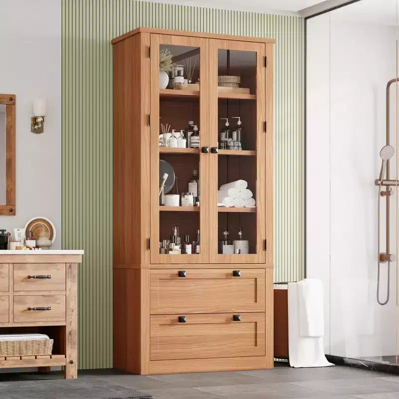 Meuble de rangement pour cuisine - Meuble de rangement moderne avec 2 grands tiroirs, des portes vitrées et des étagères réglables