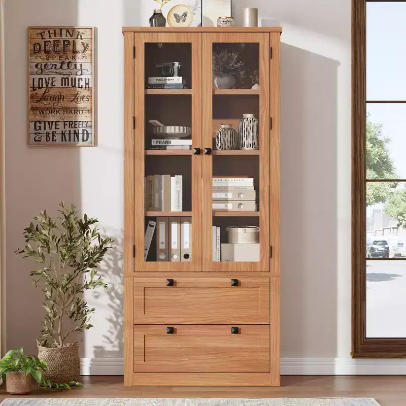 Meuble de rangement pour cuisine - Meuble de rangement moderne avec 2 grands tiroirs, des portes vitrées et des étagères réglables