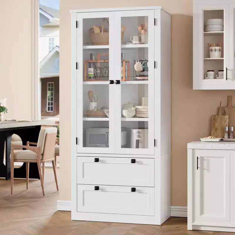 Meuble de rangement pour cuisine - Meuble de rangement moderne avec 2 grands tiroirs, des portes vitrées et des étagères réglables