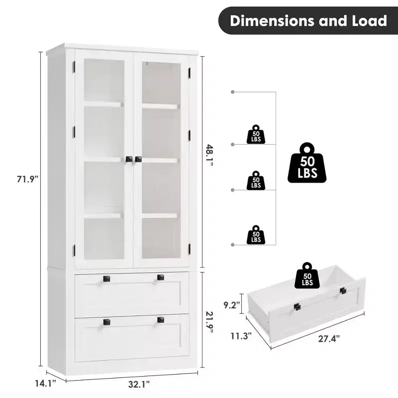 Meuble de rangement pour cuisine - Meuble de rangement moderne avec 2 grands tiroirs, des portes vitrées et des étagères réglables