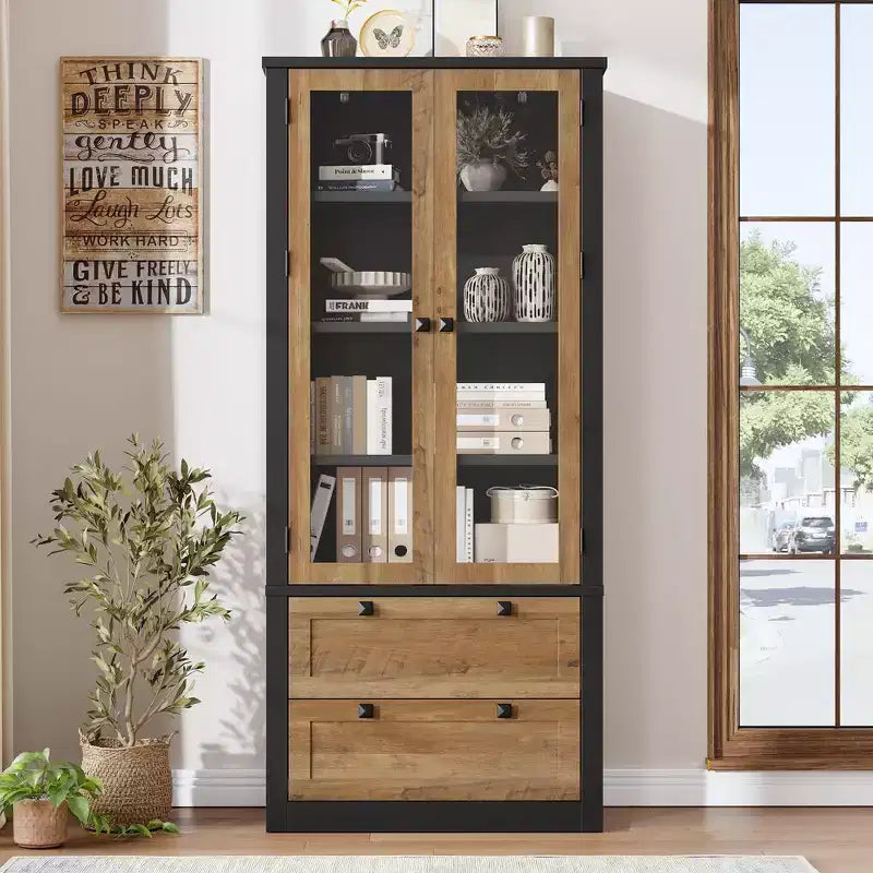 Meuble de rangement pour cuisine - Meuble de rangement moderne avec 2 grands tiroirs, des portes vitrées et des étagères réglables