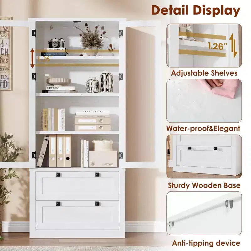 Meuble de rangement pour cuisine - Meuble de rangement moderne avec 2 grands tiroirs, des portes vitrées et des étagères réglables
