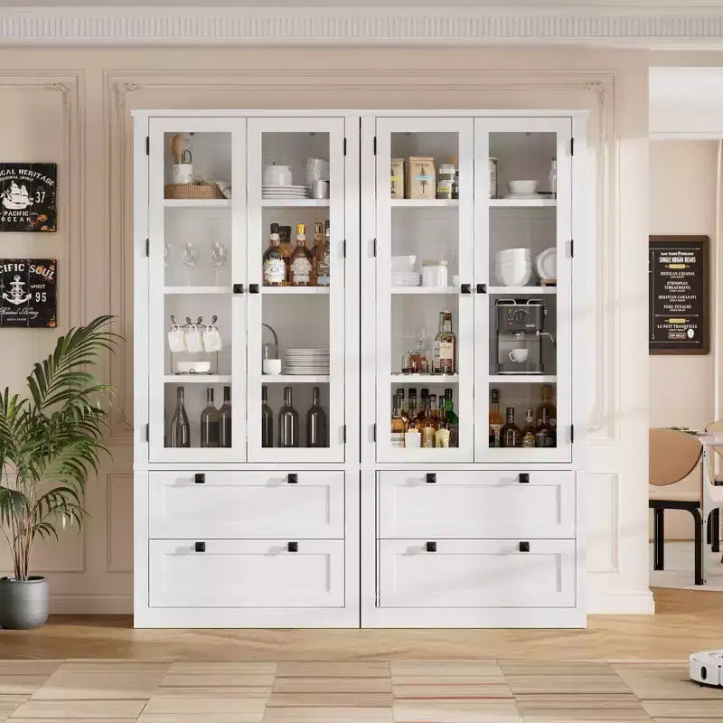 Meuble de rangement pour cuisine - Meuble de rangement moderne avec 2 grands tiroirs, des portes vitrées et des étagères réglables