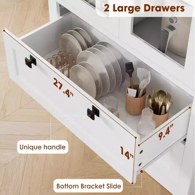 Meuble de rangement pour cuisine - Meuble de rangement moderne avec 2 grands tiroirs, des portes vitrées et des étagères réglables