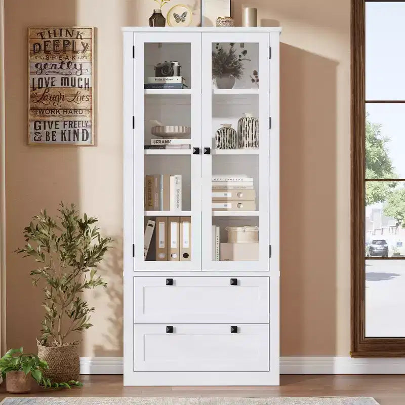 Meuble de rangement pour cuisine - Meuble de rangement moderne avec 2 grands tiroirs, des portes vitrées et des étagères réglables