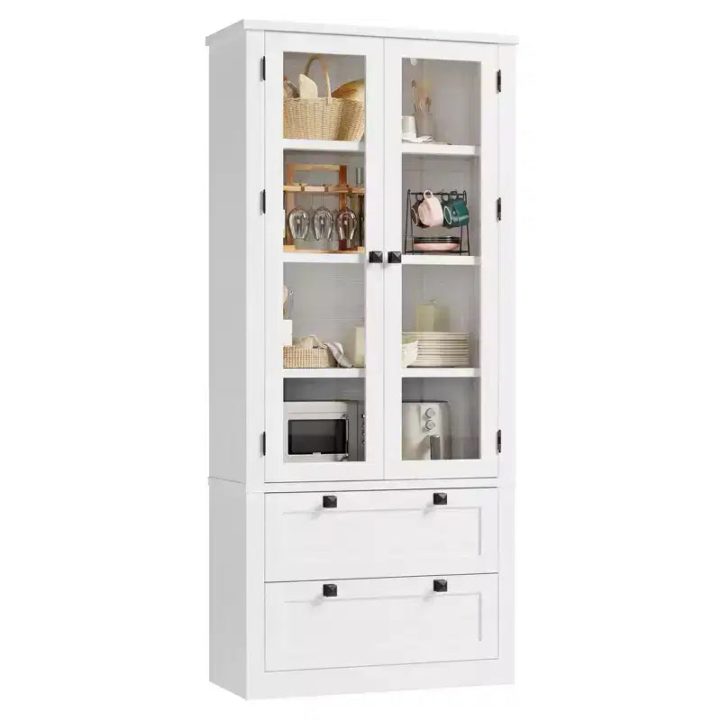 Meuble de rangement pour cuisine - Meuble de rangement moderne avec 2 grands tiroirs, des portes vitrées et des étagères réglables