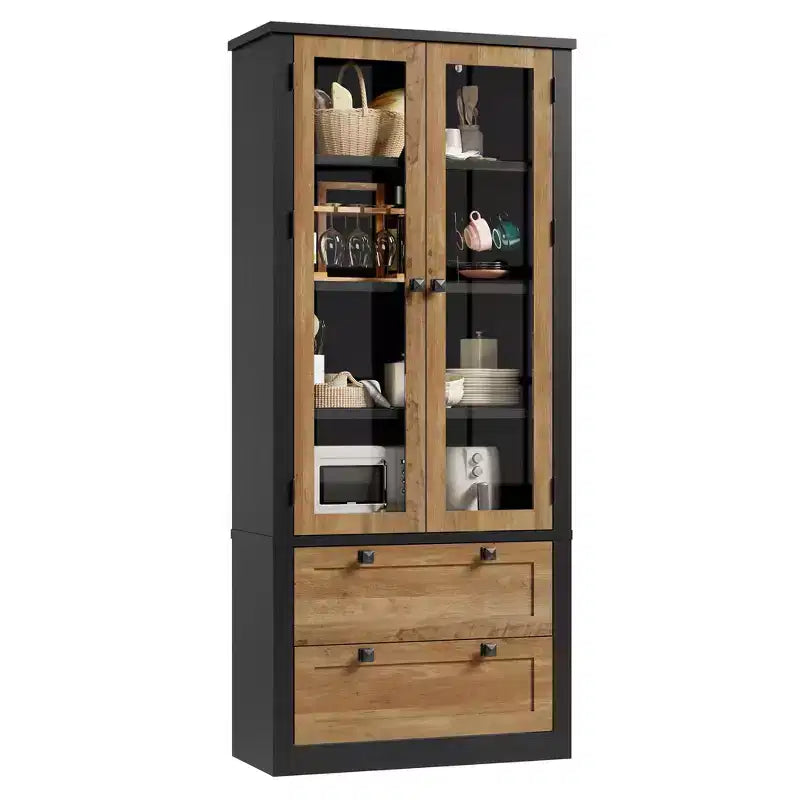 Meuble de rangement pour cuisine - Meuble de rangement moderne avec 2 grands tiroirs, des portes vitrées et des étagères réglables