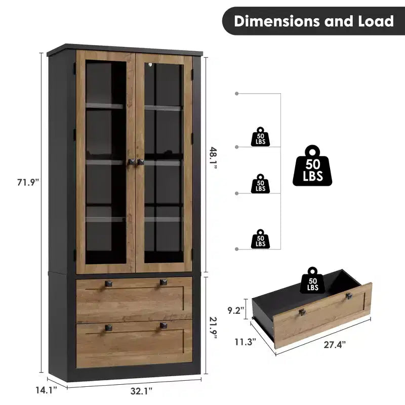Meuble de rangement pour cuisine - Meuble de rangement moderne avec 2 grands tiroirs, des portes vitrées et des étagères réglables