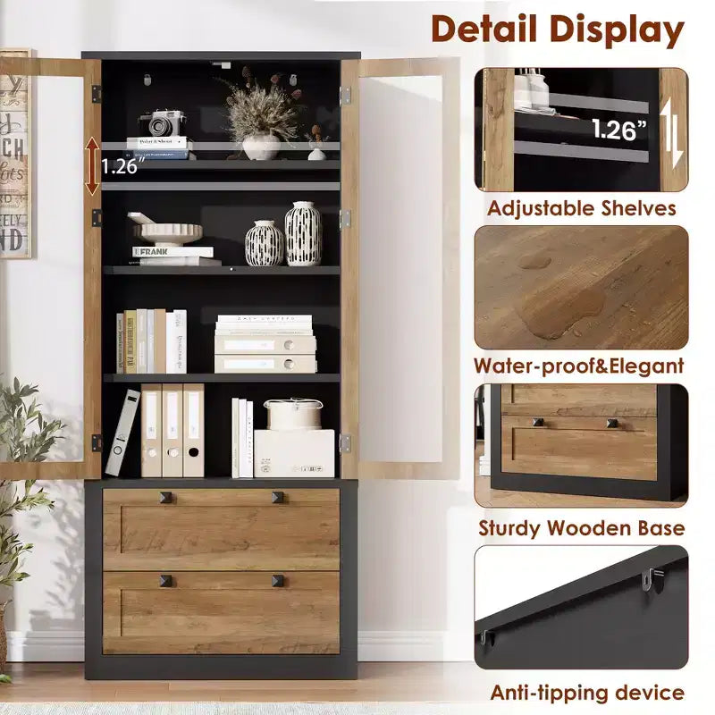 Meuble de rangement pour cuisine - Meuble de rangement moderne avec 2 grands tiroirs, des portes vitrées et des étagères réglables