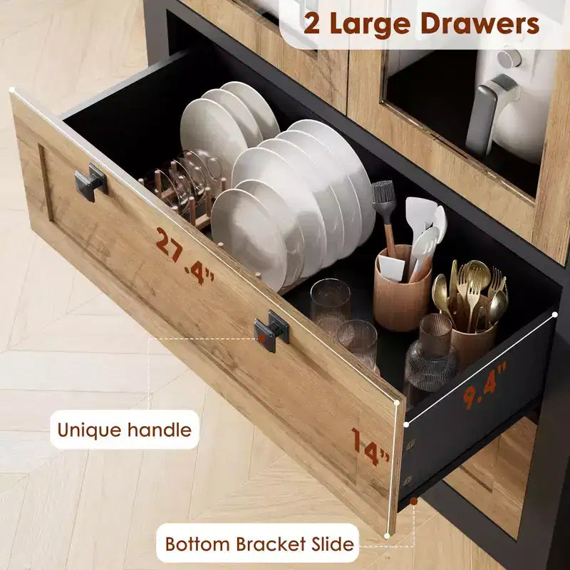 Meuble de rangement pour cuisine - Meuble de rangement moderne avec 2 grands tiroirs, des portes vitrées et des étagères réglables