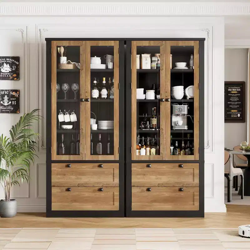 Meuble de rangement pour cuisine - Meuble de rangement moderne avec 2 grands tiroirs, des portes vitrées et des étagères réglables