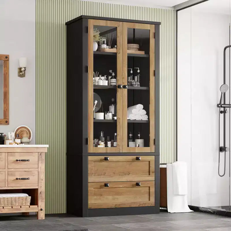 Meuble de rangement pour cuisine - Meuble de rangement moderne avec 2 grands tiroirs, des portes vitrées et des étagères réglables