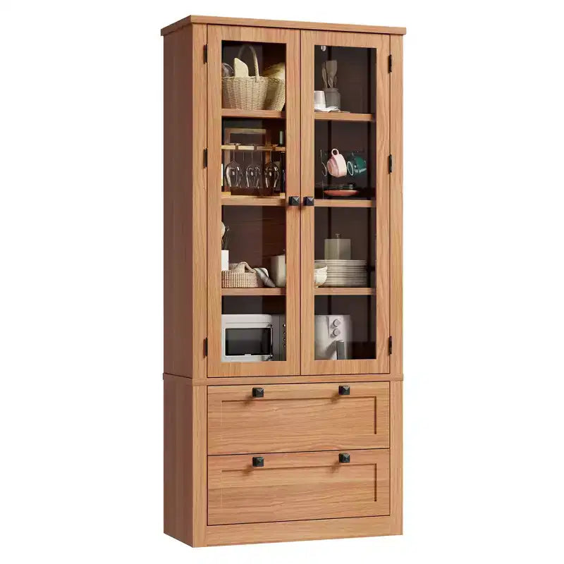 Meuble de rangement pour cuisine - Meuble de rangement moderne avec 2 grands tiroirs, des portes vitrées et des étagères réglables
