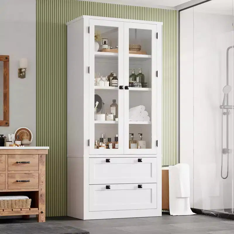 Meuble de rangement pour cuisine - Meuble de rangement moderne avec 2 grands tiroirs, des portes vitrées et des étagères réglables