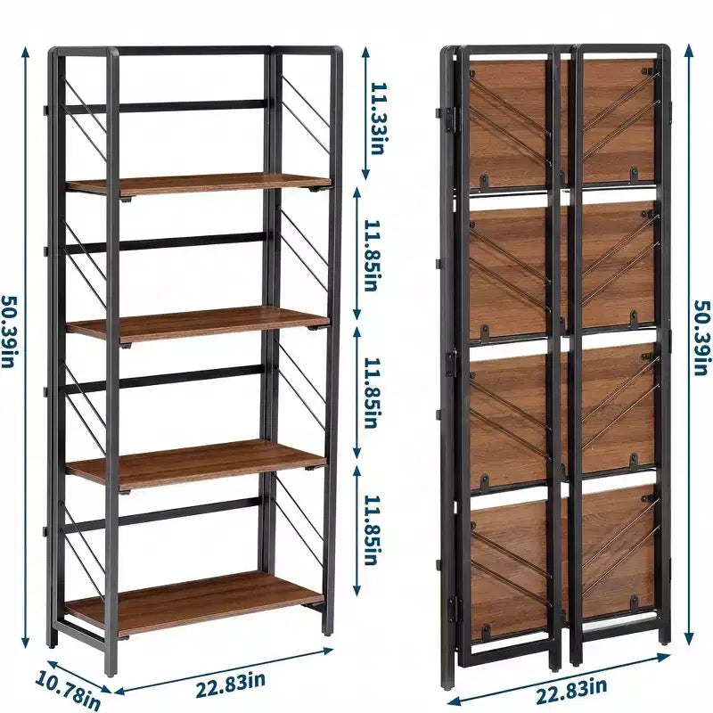 Bibliothèque pliante à 4 niveaux, sans assemblage, bibliothèque vintage, étagères de rangement autoportantes pour bureau à domicile et salle d’étude