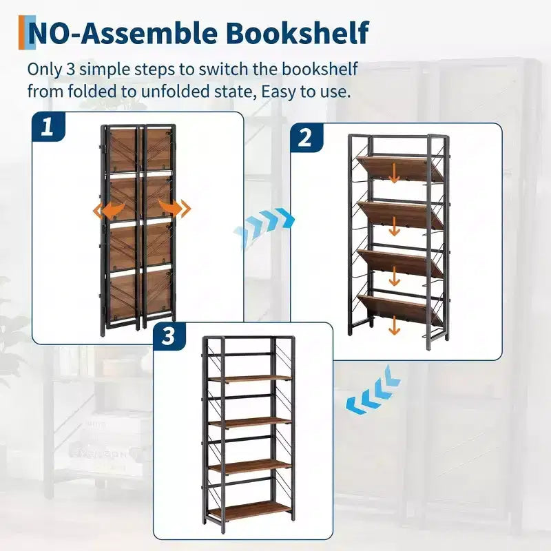 Bibliothèque pliante à 4 niveaux, sans assemblage, bibliothèque vintage, étagères de rangement autoportantes pour bureau à domicile et salle d’étude