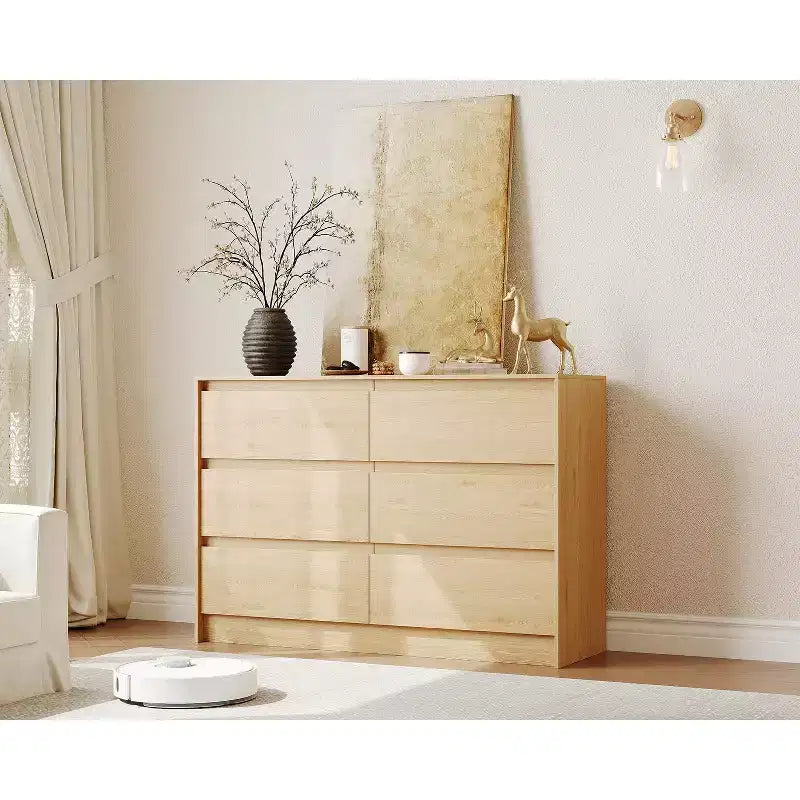 Commode de style campagnard à 6 tiroirs, meuble à tiroirs de 47 pouces de largeur, meuble de rangement en chêne naturel pour chambre, salon ou support TV