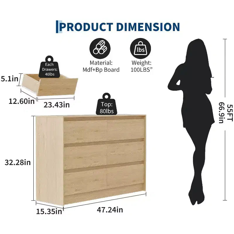 Commode de style campagnard à 6 tiroirs, meuble à tiroirs de 47 pouces de largeur, meuble de rangement en chêne naturel pour chambre, salon ou support TV