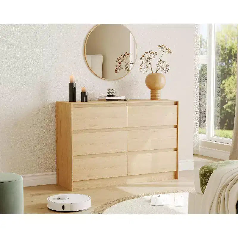 Commode de style campagnard à 6 tiroirs, meuble à tiroirs de 47 pouces de largeur, meuble de rangement en chêne naturel pour chambre, salon ou support TV