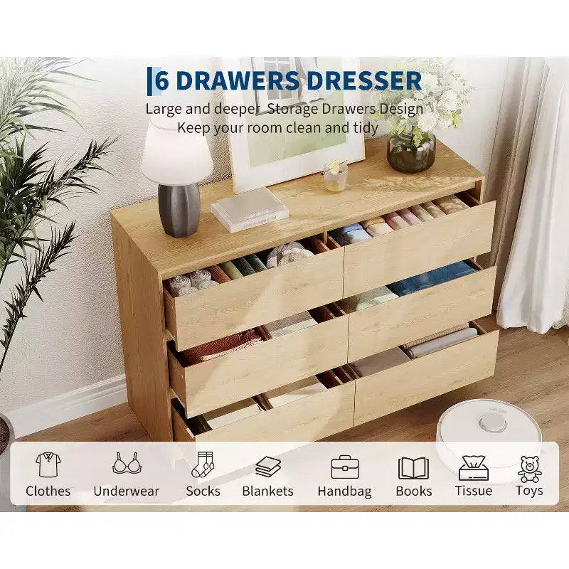 Commode de style campagnard à 6 tiroirs, meuble à tiroirs de 47 pouces de largeur, meuble de rangement en chêne naturel pour chambre, salon ou support TV