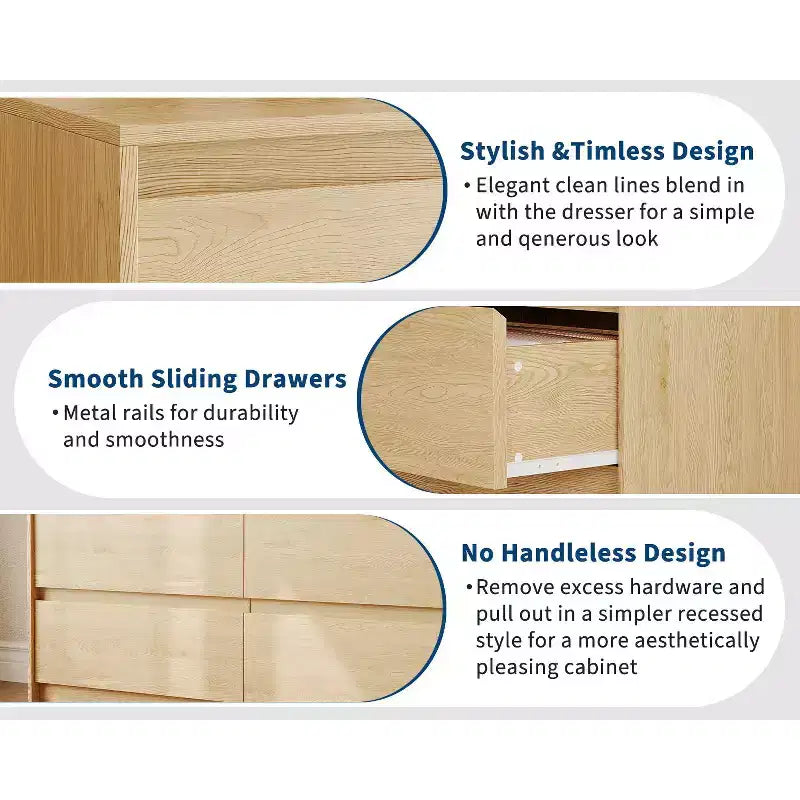 Commode de style campagnard à 6 tiroirs, meuble à tiroirs de 47 pouces de largeur, meuble de rangement en chêne naturel pour chambre, salon ou support TV