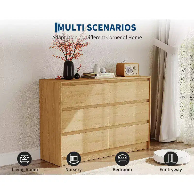 Commode de style campagnard à 6 tiroirs, meuble à tiroirs de 47 pouces de largeur, meuble de rangement en chêne naturel pour chambre, salon ou support TV