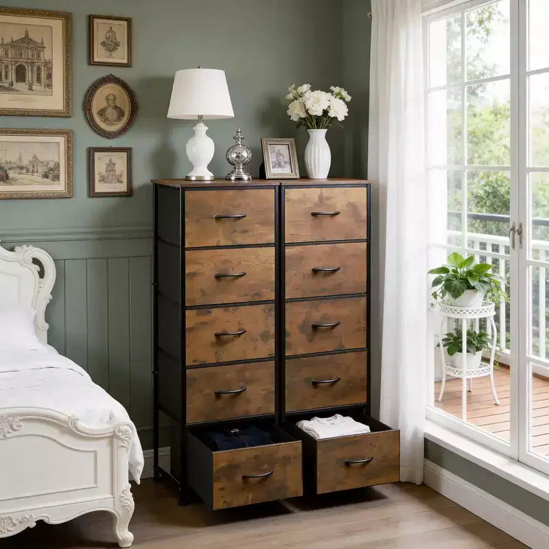Rangement optimal  Commode haute à 10 tiroirs en métal et tissu  Style industriel moderne  Pour chambre, dressing ou salon