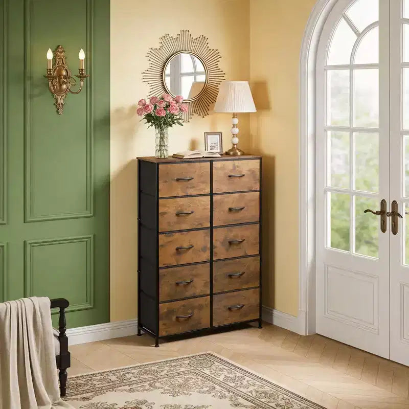 Rangement optimal  Commode haute à 10 tiroirs en métal et tissu  Style industriel moderne  Pour chambre, dressing ou salon