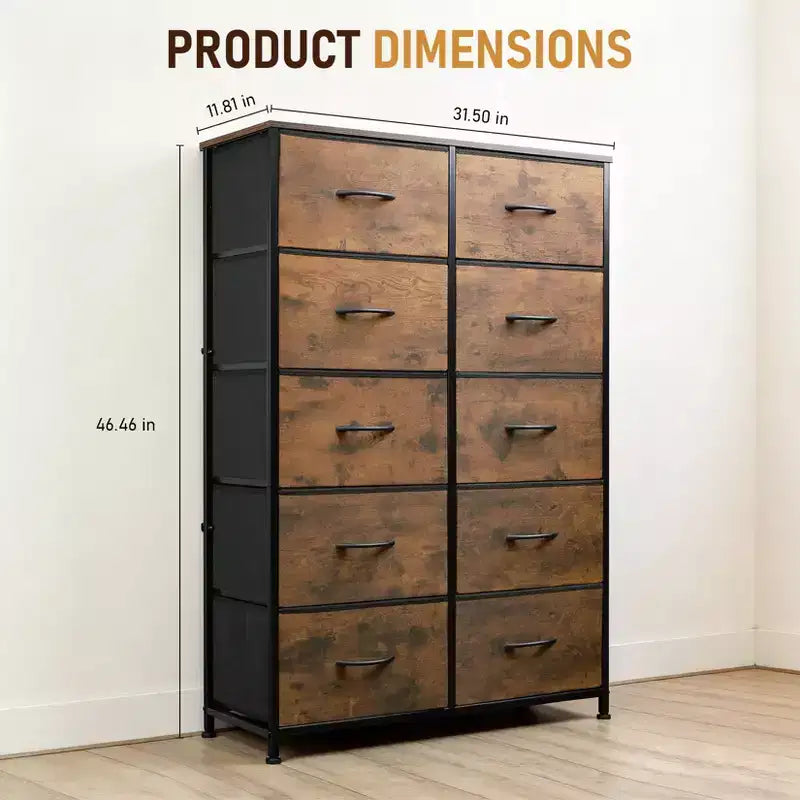 Rangement optimal  Commode haute à 10 tiroirs en métal et tissu  Style industriel moderne  Pour chambre, dressing ou salon
