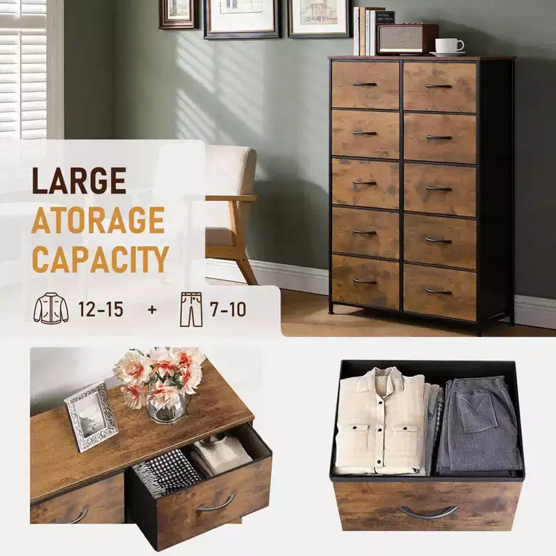 Rangement optimal  Commode haute à 10 tiroirs en métal et tissu  Style industriel moderne  Pour chambre, dressing ou salon