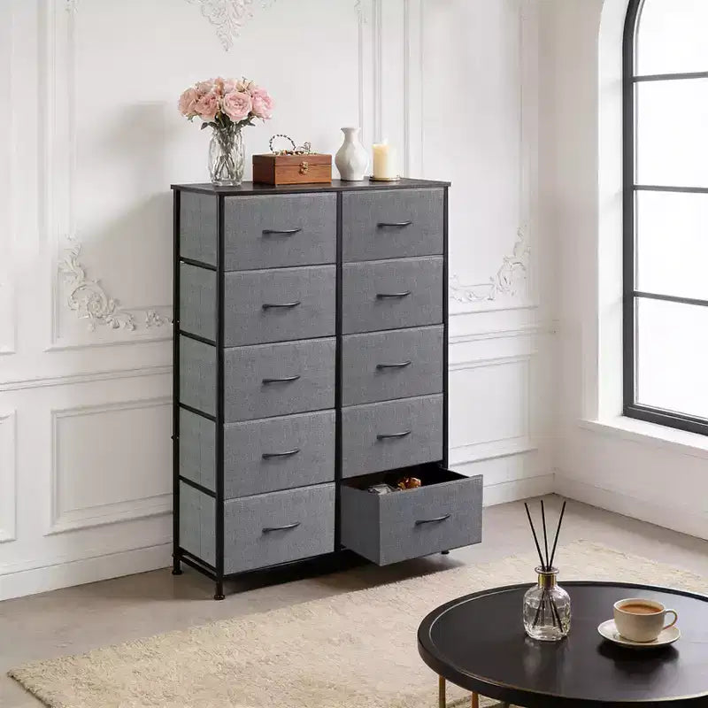 Rangement optimal  Commode haute à 10 tiroirs en métal et tissu  Style industriel moderne  Pour chambre, dressing ou salon
