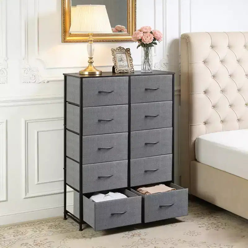 Rangement optimal  Commode haute à 10 tiroirs en métal et tissu  Style industriel moderne  Pour chambre, dressing ou salon