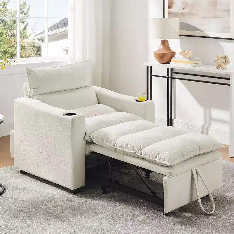 Sillón cama convertible con cama extraíble y portavasos, sillón cama de terciopelo de lichi para sala de estar, habitación de invitados o espacios pequeños, color crema