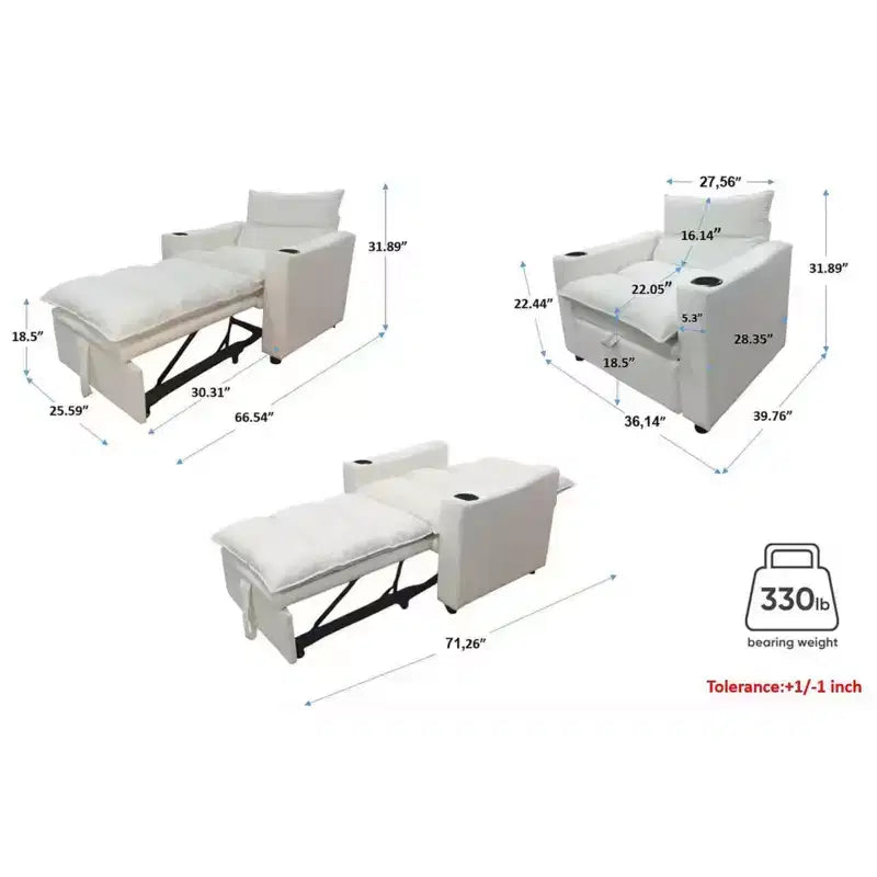 Sillón cama convertible con cama extraíble y portavasos, sillón cama de terciopelo de lichi para sala de estar, habitación de invitados o espacios pequeños, color crema